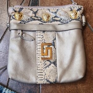 Elegant Gold and Tan Crossbody Bag with Crystal Embellishments